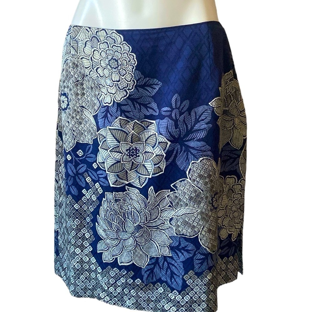 Talbots Navy Blue Silver Gray Floral Geometric Silk Cotton Pencil Skirt Petite
